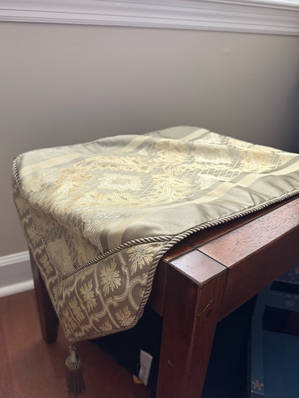 Vintage Gold Jacquard Damask Table Runner 72” with Bullion Tassels & Trim